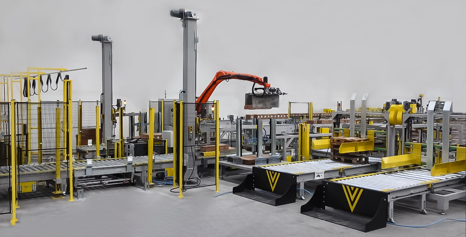 Kolileme, robotik paletleme ve palet taşıma ünitelerinden oluşan entegre hat sonu sistemi
